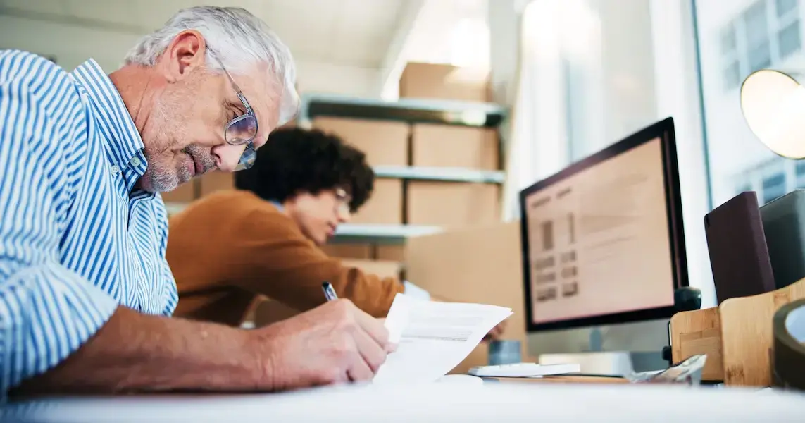 Person holding iPad in warehouse looking at an invoice