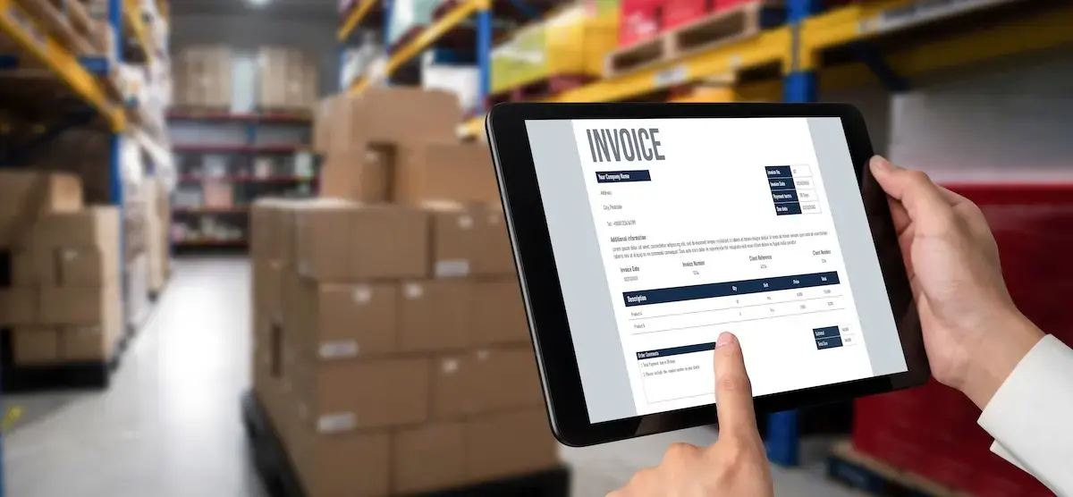 person in a warehouse holding an ipad with an invoice