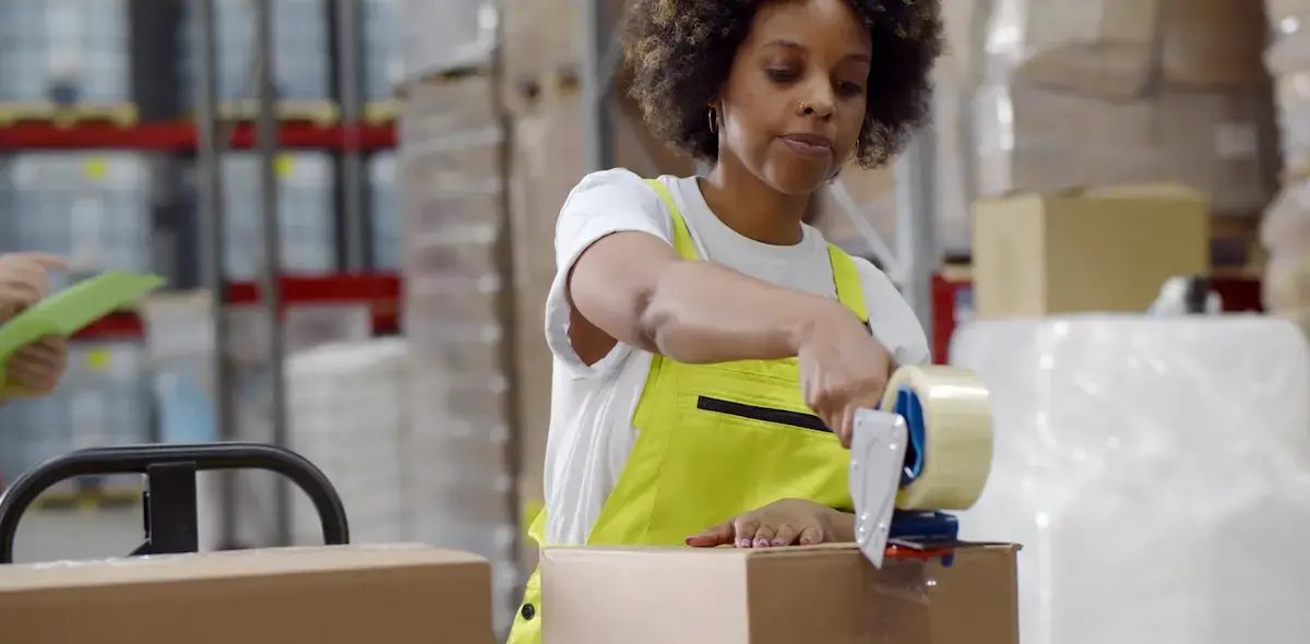 woman taping closed a cardboard box in a warehouse