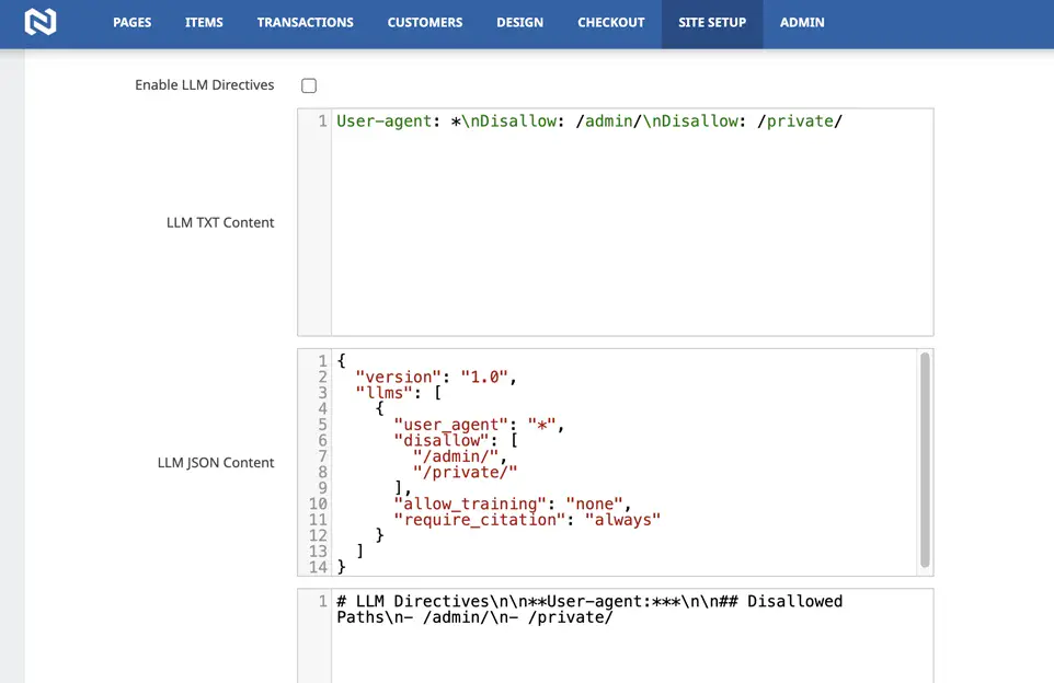 Nomad interface with site setup navigation displaying site settings