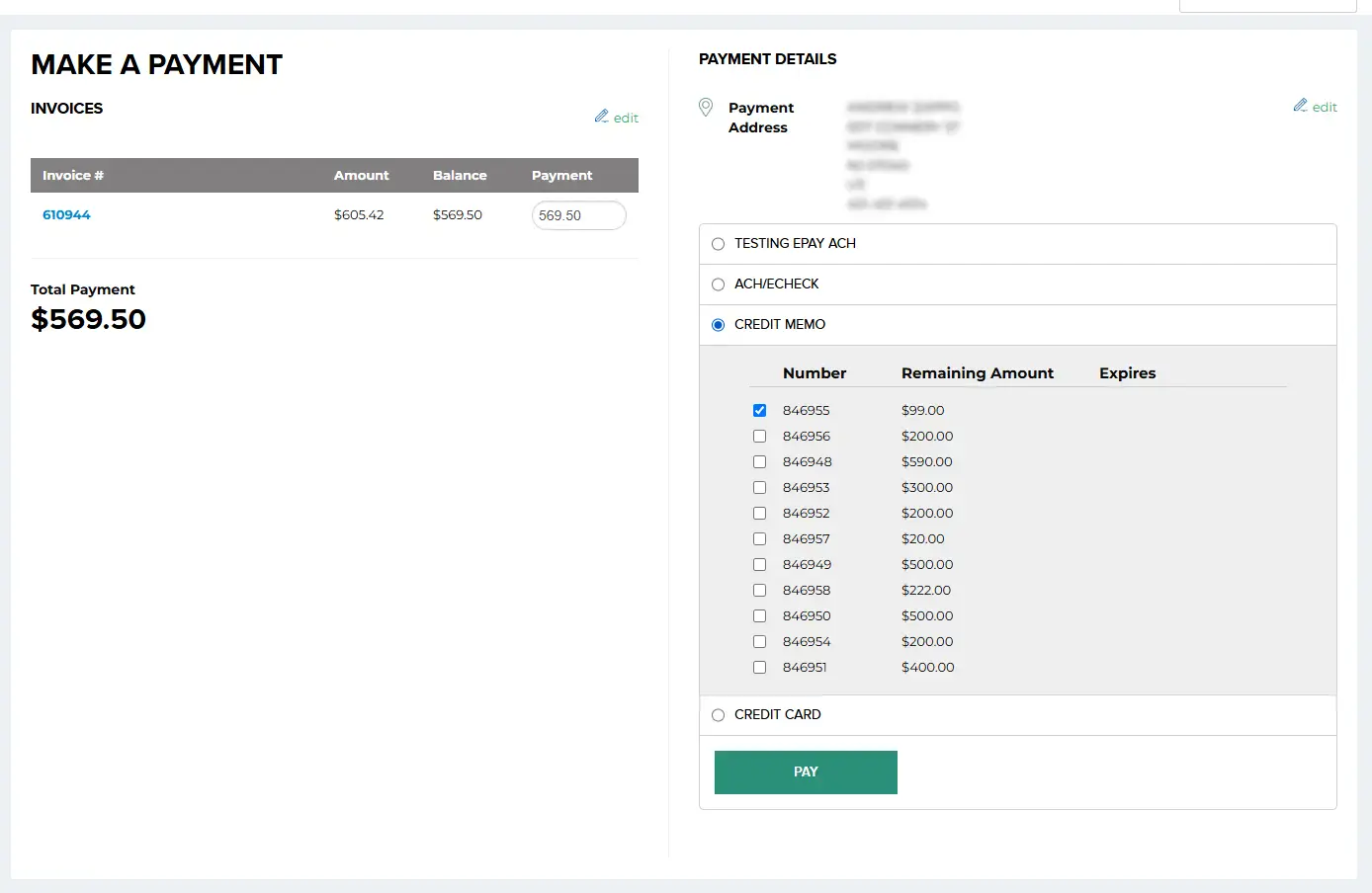Paying an invoice by applying a credit memo balance