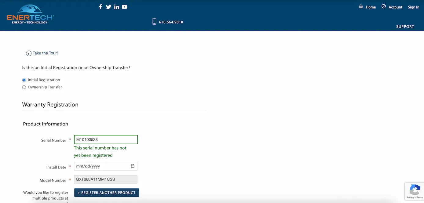 Warranty registration screen